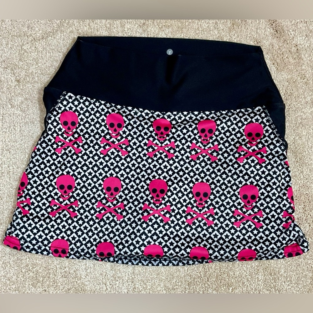 Fay + Florie Pink/Black Skull and Crossbones Patterned Tennis Skirt w Shorties